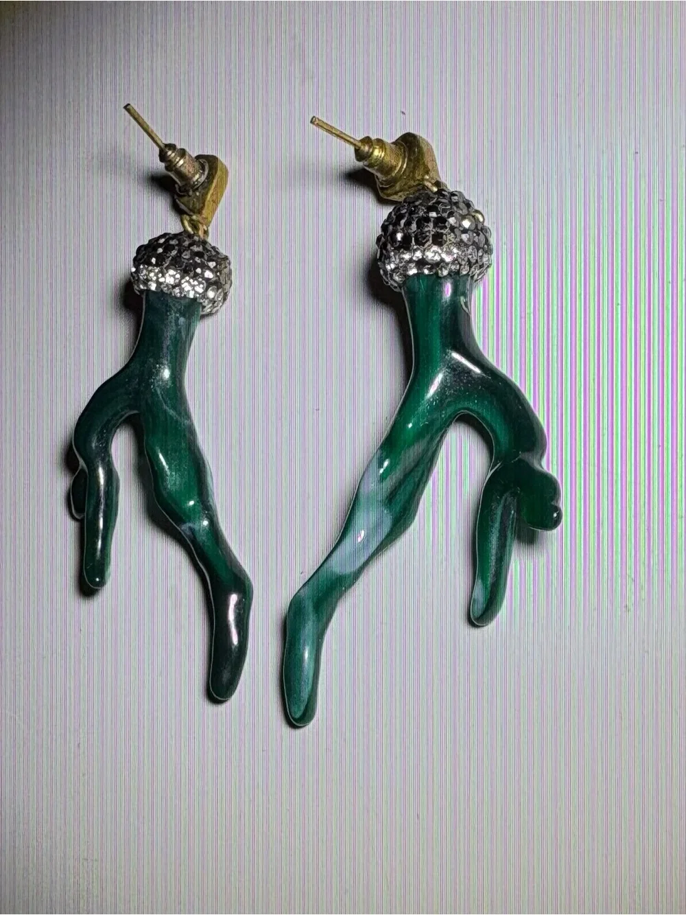 Green Coral Branch Drop Earrings with Rhinestone Caps